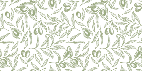Foto op Plexiglas Sketch light olive green seamless pattern with hand drawn vector olives branches. Engraving oliva tree texture for food and beauty package, textile design, wrapping paper © Tatahnka