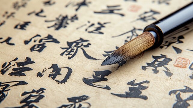 Chinese calligraphy brush on traditional script paper