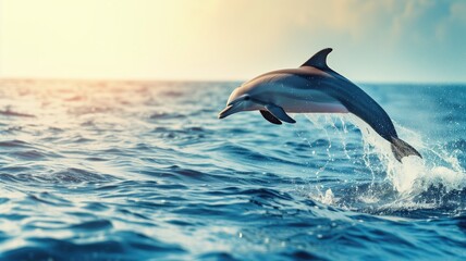 Jumping dolphin over ocean waves at sunset