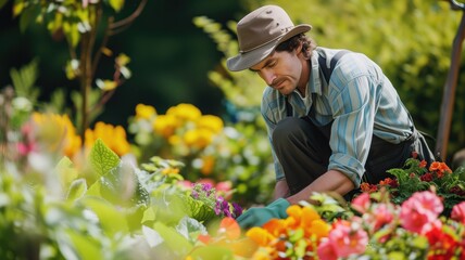Man tending to vibrant flowers in a garden