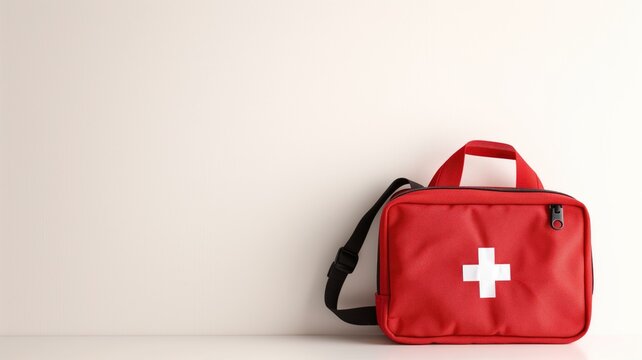 Red first aid kit with a white cross on a plain background