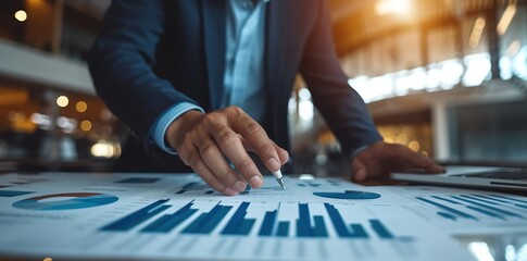 Investor confidently discusses the positive results reflected in a growth chart of profits, symbolizing the success of strategic financial decisions. - obrazy, fototapety, plakaty