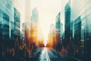 Double exposure of a city emerging against daylight with intertwined upward arrows. - obrazy, fototapety, plakaty