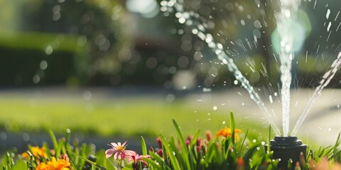 A Sprinkler System Hydrates Blooming Flowers in a Garden, Capturing the Vitality of Nature with Water Droplets in Sunlight, Generative AI