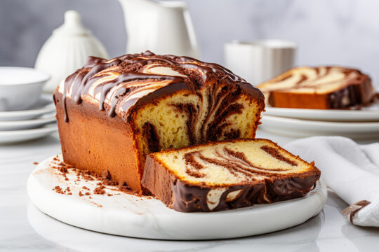 Chocolate and vanilla marble cake or zebra cake on white marble table