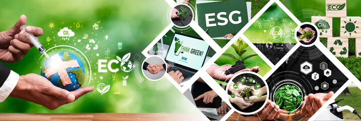 Green business ESG management tool to save world future concept model case idea to deal with bio carbon waste cycle data for better day of city life while building jobs, money, LCA tax and profit . - obrazy, fototapety, plakaty