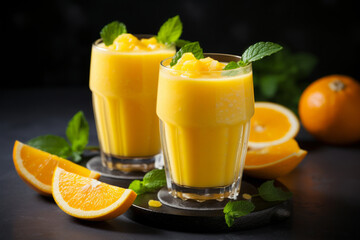 Orange smoothie in tall glasses on wooden table with fresh mint
