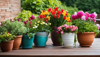 Vibrant spring and summer flowers in pots on patio, colorful banner display