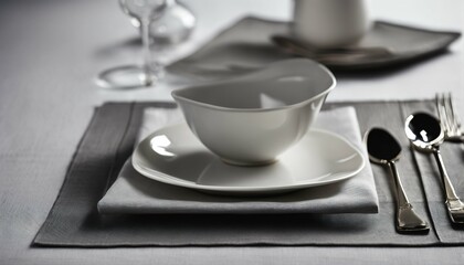 Grey square linen placemats in minimalist style, simple and neat composition