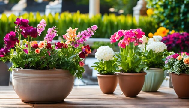 Colorful spring and summer flower variety in patio pots, perfect for banner settings