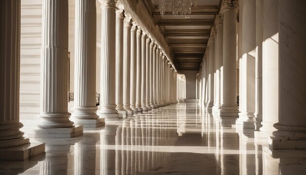 Softly lit marble columns with play of light and shadow, emphasizing classical architectural beauty