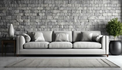 Light grey living room sofa with pillows against a natural stone wall
