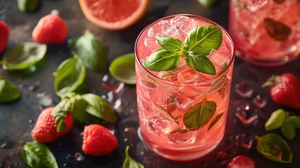 Foto op Plexiglas Spring or summer refreshing cold cocktail or mocktail with berries and lemon, raspberry lemonade © Vasiliy