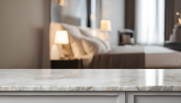 Empty marble stone table in a blurred bedroom interior, ideal for product displays or design layouts