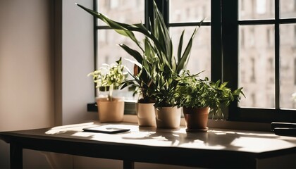 Mockup of a desk setup with plants at a window, featuring shadow play for a workspace concept