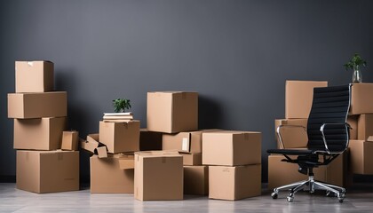 Office transition concept with cardboard boxes and chair in vacant room, representing moving, remote work shift, and e-commerce business startup