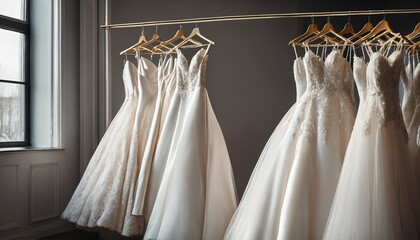 Beautiful elegant bridal dresses on hangers, closeup of luxury white wedding gowns in a bridal shop boutique