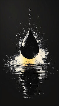 A black liquid drop splashes, creating an artistic and dynamic visual on a black background