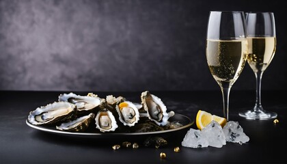 Gourmet oysters and champagne setup on a table, complemented by scattered ice cubes