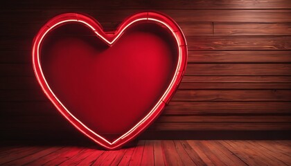 Romantic neon heart sign positioned on a wood floor with a red curtain setting behind