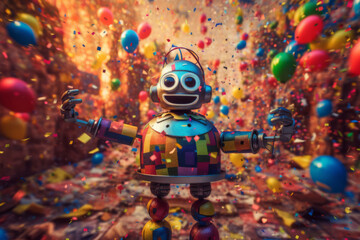 A robot surrounded by vibrant balloons against a backdrop of shimmering confetti