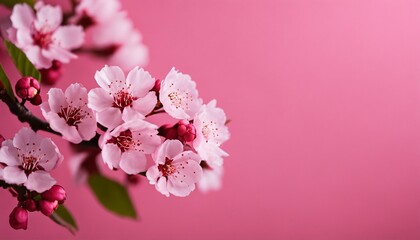 Detailed view of a cluster of pink blooms on a pink background, with a soft-focus tree branch adorned with flowers