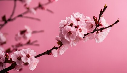 Fototapeta premium Detailed view of a cluster of pink blooms on a pink background, with a soft-focus tree branch adorned with flowers