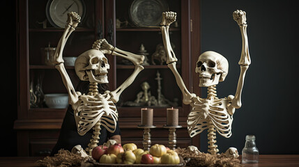 Two happy people skeletons sit in front of a table and raise their arms upwards