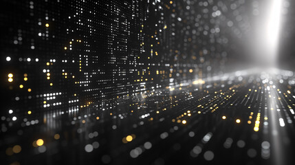 A vast digital landscape of illuminated dots creating a cityscape silhouette, under a radiant light beam