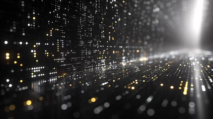 Tuinposter Grijs A vast digital landscape of illuminated dots creating a cityscape silhouette, under a radiant light beam