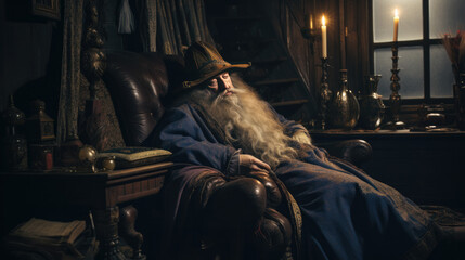 An old man with a long beard is sleeping in an armchair