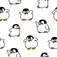 Seamless Pattern of Cute Happy Penguin Design on White Background with Pink Dots