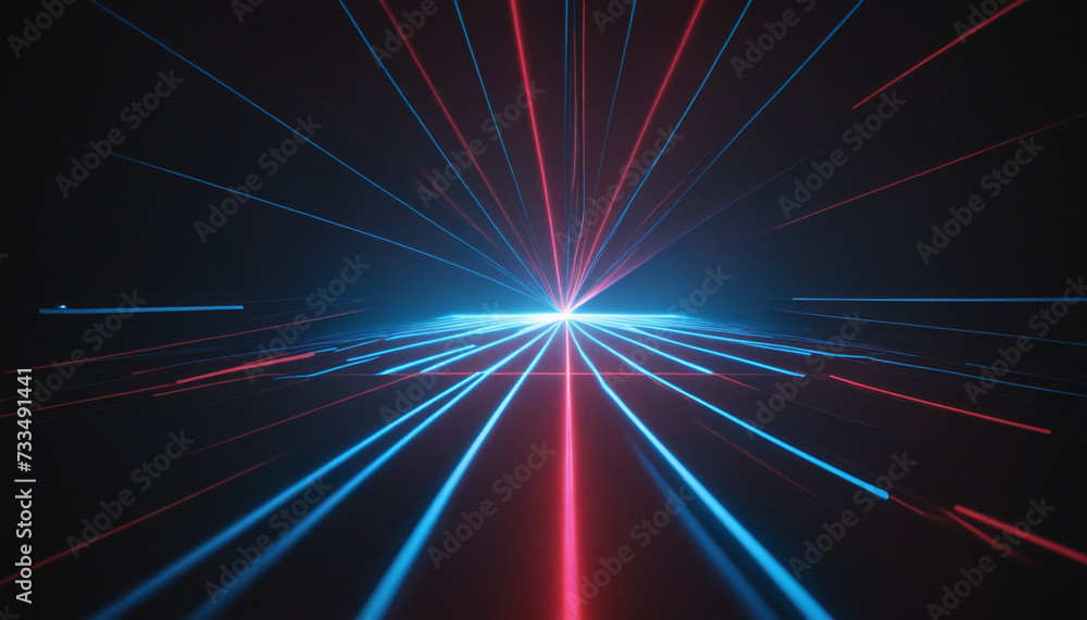 Poster 3d render, abstract background with red blue laser rays. bright projector shining on the dark empty 