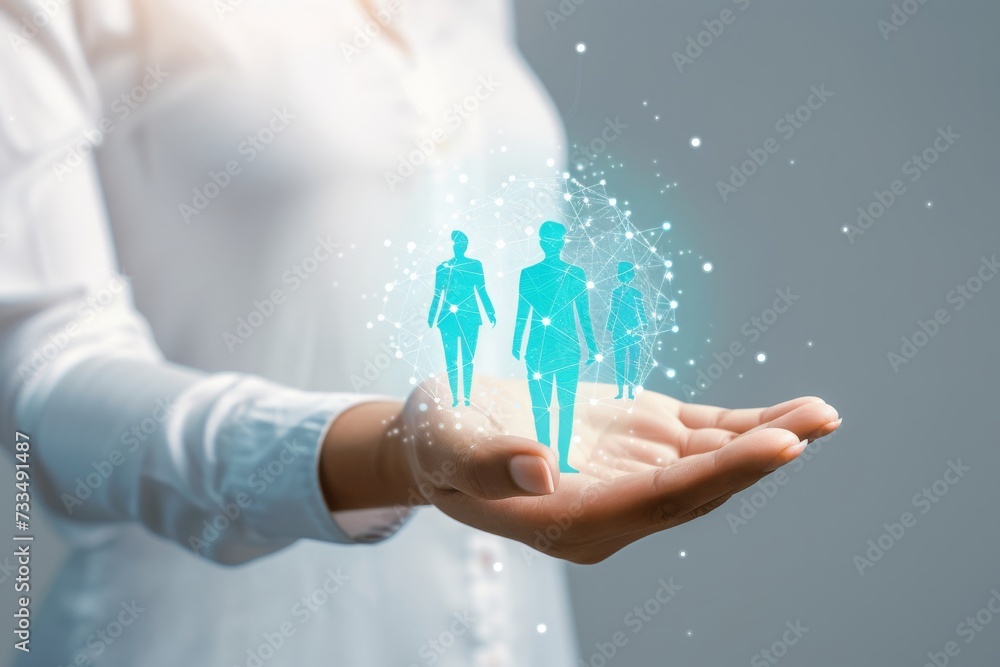 Poster A Holographic Projection of Connected Human Figures Symbolizing Teamwork and Collaboration in a Business Context, Generative AI