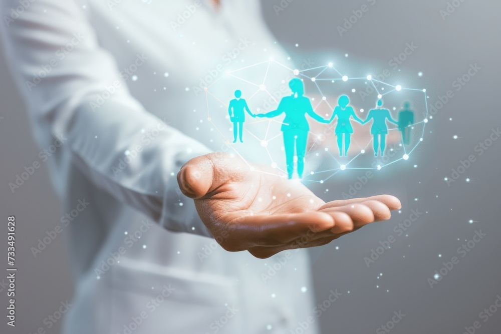 Poster A Holographic Projection of Connected Human Figures Symbolizing Teamwork and Collaboration in a Business Context, Generative AI