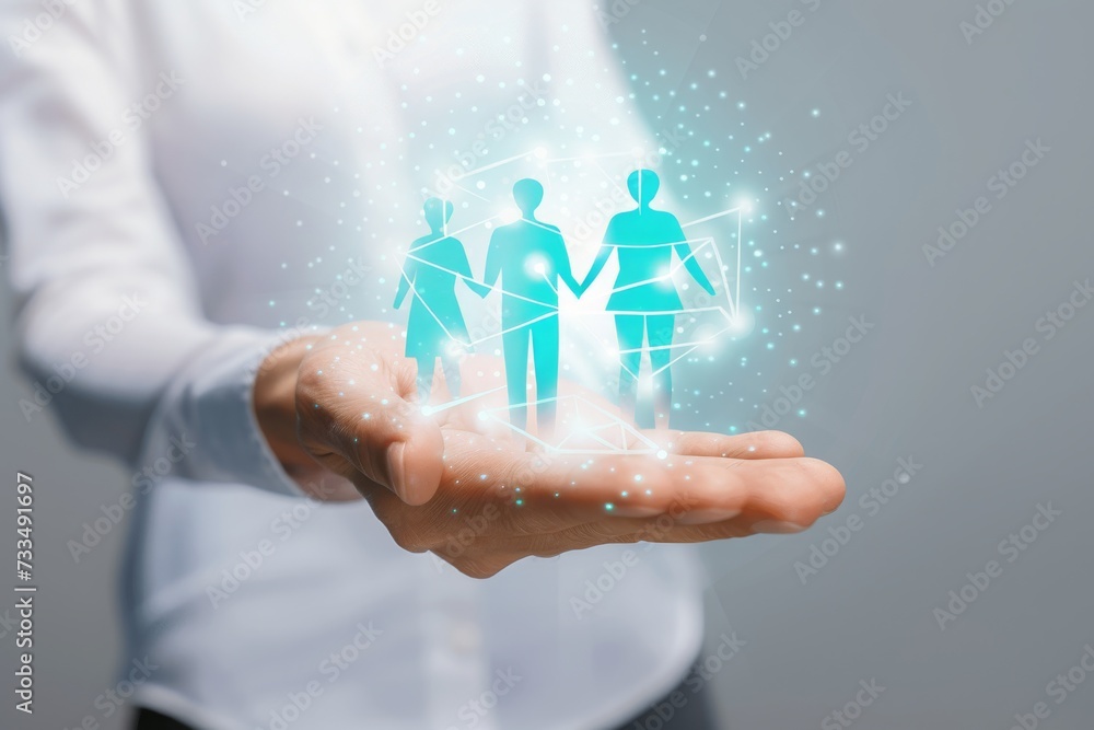Poster A Holographic Projection of Connected Human Figures Symbolizing Teamwork and Collaboration in a Business Context, Generative AI