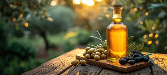 Fototapeten Glass container with olive oil on wooden table with branches and olives © Vasiliy