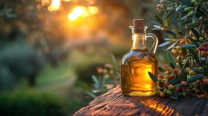 Glass container with olive oil on wooden table with branches and olives - obrazy, fototapety, plakaty