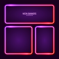 Glowing neon banners, illuminated colorful square frames. Shiny vibrant border, glow effect. Purple vintage retro lights, night illumination. Modern futuristic UI design elements. Vector illustration