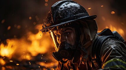 Fireman spraying water from a hose battling a fierce blaze with determination