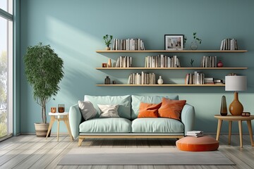 living room featuring a double cyan color sofa and tea table set behind light pastel-colored wall