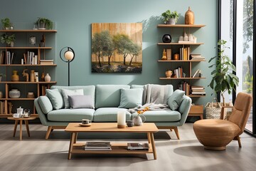 living room featuring a double cyan color sofa and tea table set behind light pastel-colored wall