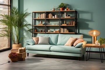 living room featuring a double cyan color sofa and tea table set behind light pastel-colored wall