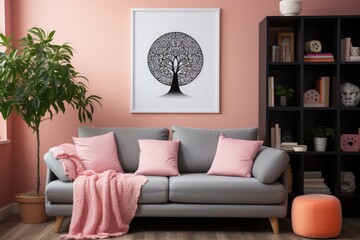 living room featuring a double pink color sofa and tea table set behind light pastel-colored wall