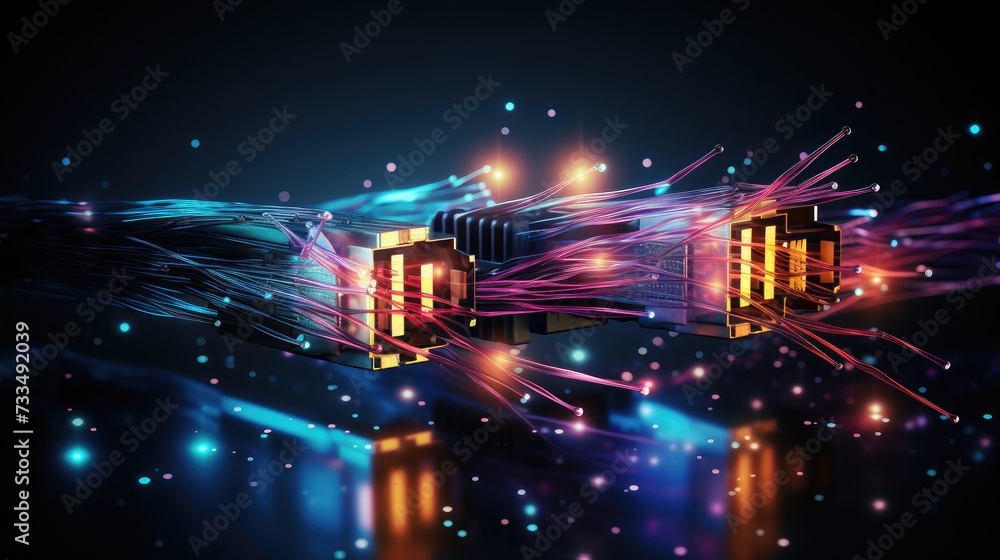 Poster technological background illustrating the process of connecting two ethernet cables