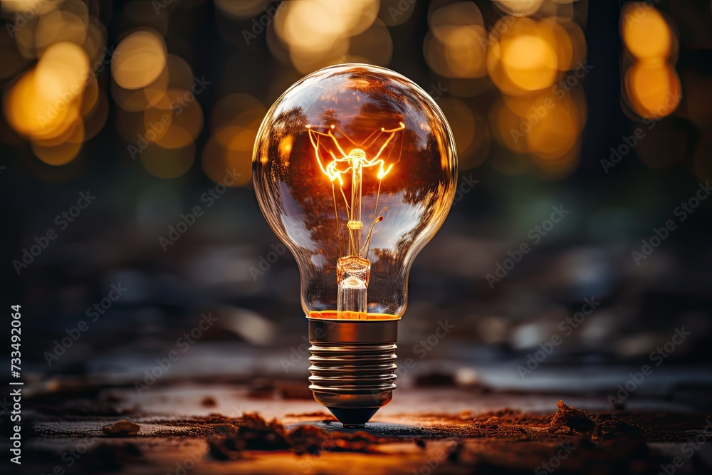 Poster glowing light bulb symbolizing colorful spark of a brilliant idea