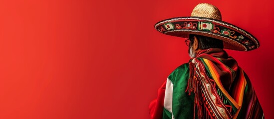 Red background with space for text featuring a dashing man wearing a sombrero and Mexican flags.