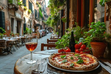 Fresh delicious pizza on the table in a restaurant on the streets of Italy