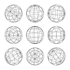 Wireframe shapes, lined sphere. Perspective mesh, 3d grid. Low poly geometric elements. Retro futuristic design elements, y2k, vaporwave and synthwave style. Vector illustration
