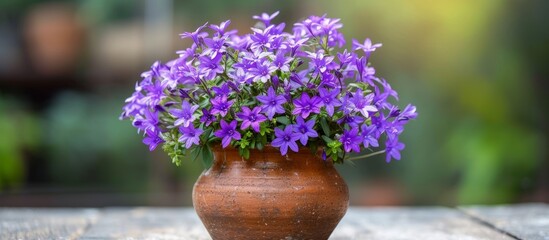 Fototapeta premium Vibrant Display: Small Purple Flowers Pop in Petite Campanula Pot